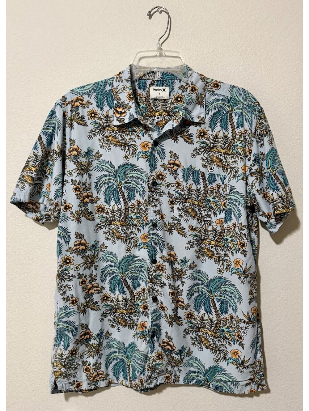 Hurley Button Up Hawaiian Shirt | Blue Green Palm Floral | Size Medium